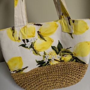 Yellow Lemon Print Straw Tote Bag - Women